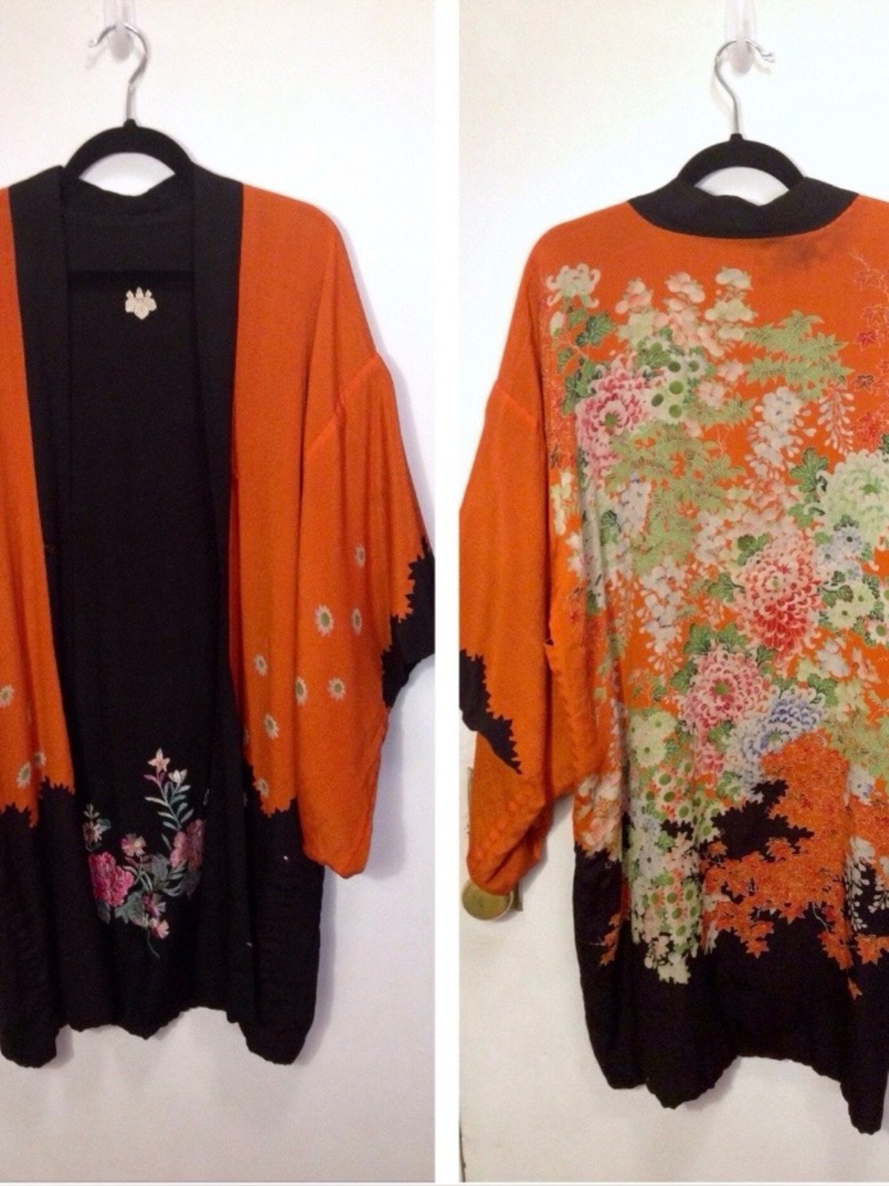 ♥️ Orange Floral Open-Front Kimono Vintage 1920s 1930s silk kimono robe